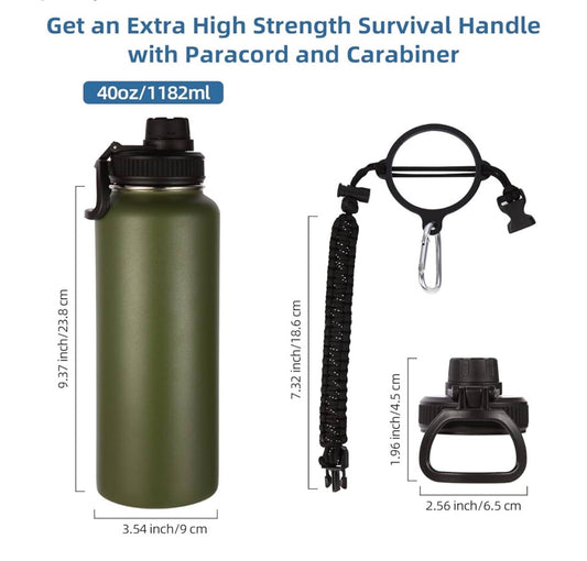 Insulated Water 40 oz Stainless Steel Bottle with Paracord Handle & Spout, Vacuum Metal Travel Cups with Wide Mouth,Reusable Large Water Cup