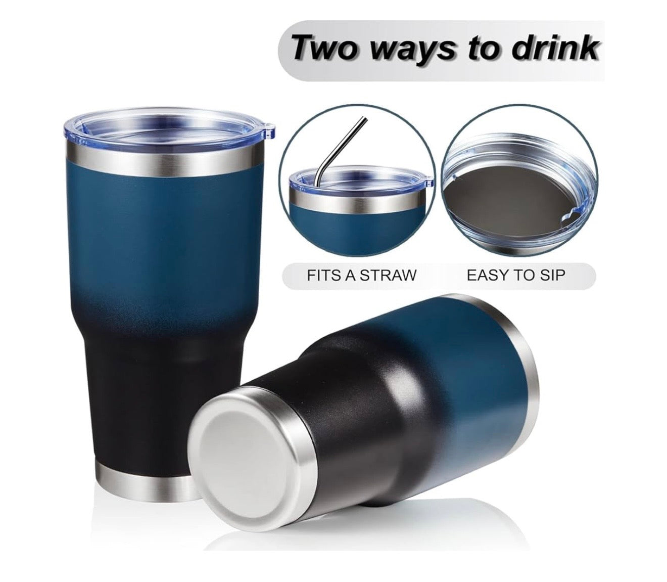 Deep Sea Blue 30oz Insulated Tumbler with Lids and Straws, Stainless Steel Double Vacuum Coffee Tumblr